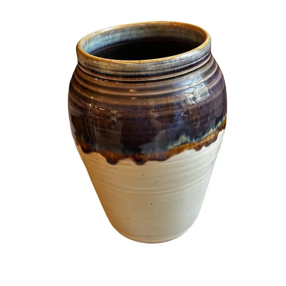 Vintage signed studio pottery vase stoneware blue drip glaze country farmhouse